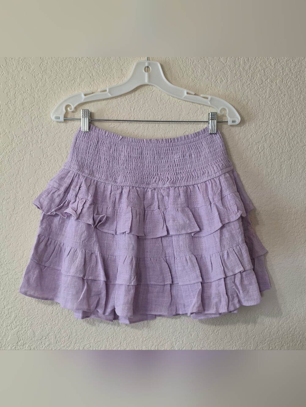 Olivaceous Lilac Cotton Tiered Ruffle Mini Skirt M Smocked High Waist Lined